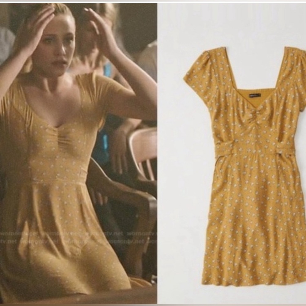 Abercrombie & Fitch AF Sz XS Dress Mustard Yellow Floral Sundress sleeves - Picture 2 of 8